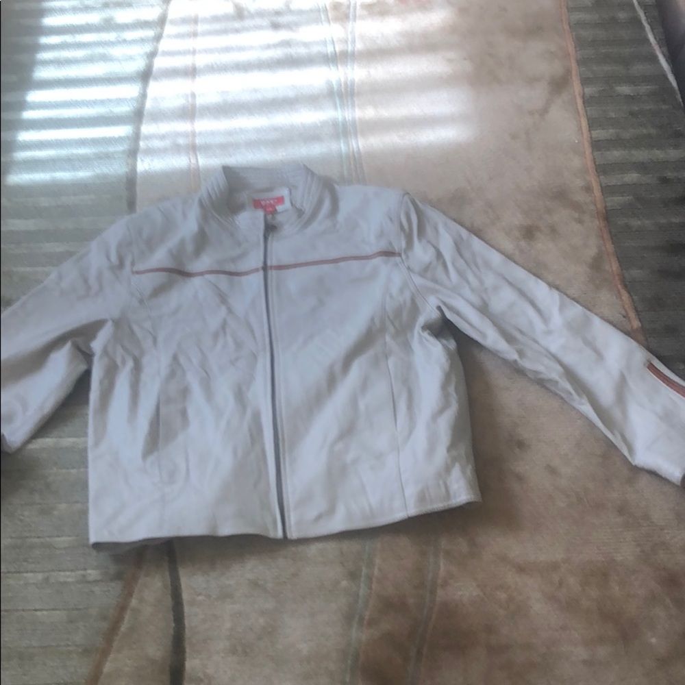 Brown leather jacket.